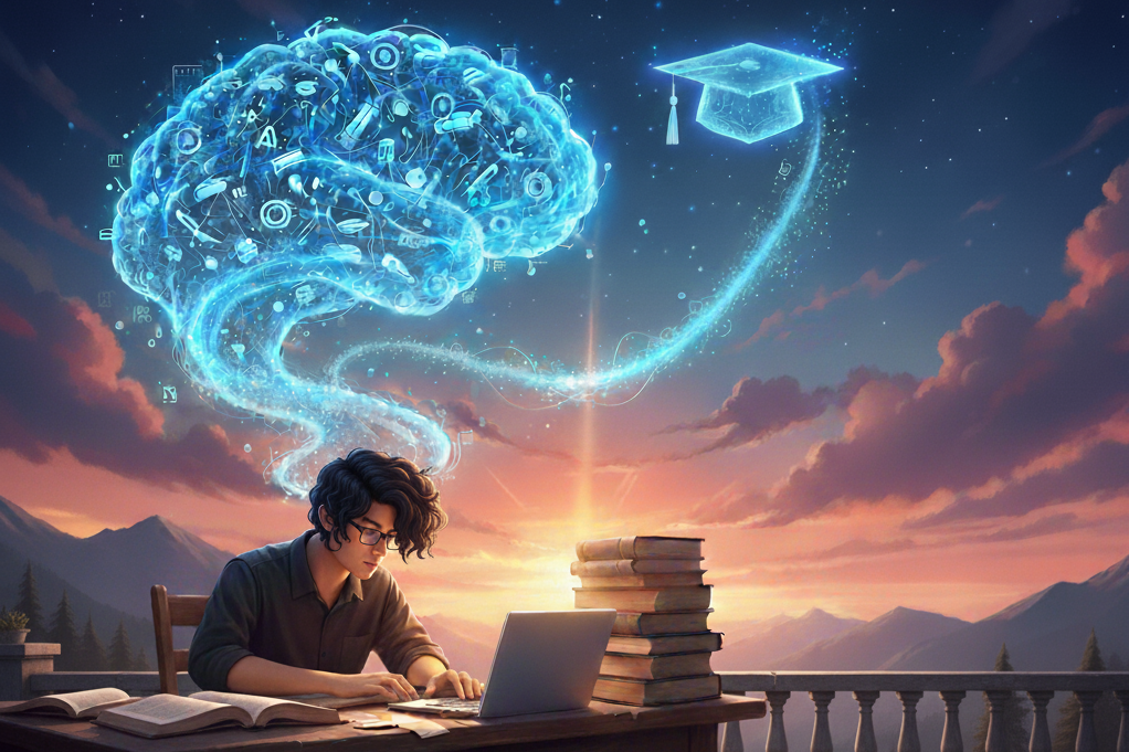 Eine Person sitzt an einem Tisch mit einem Laptop und Büchern, während über ihrem Kopf ein leuchtendes Gehirn mit Symbolen schwebt. Im Hintergrund sind Berge und ein Sonnenuntergang zu sehen.