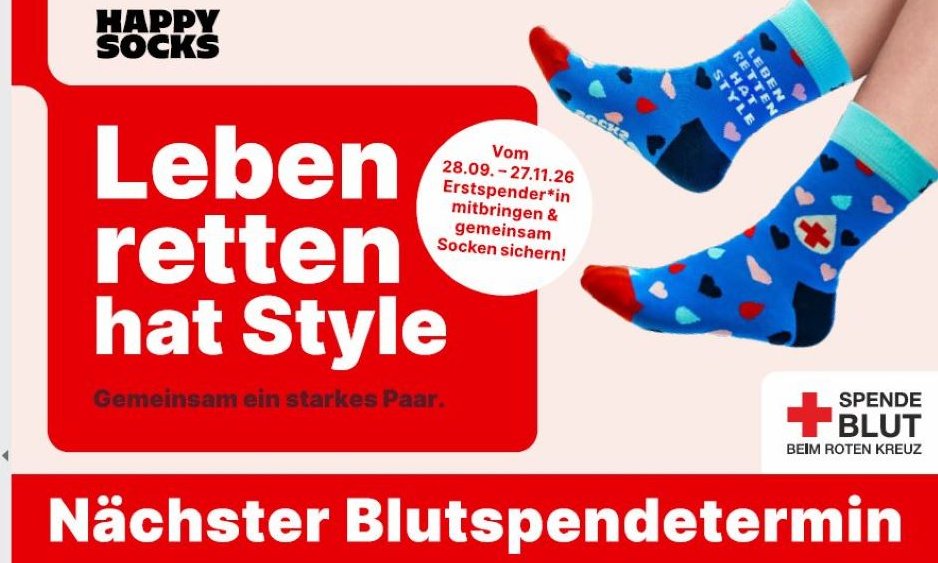 Werbeslogan und Logo des DRK mit bunten Socken
