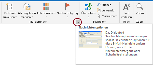 Screenshot Outlook Nachrichtenoptionen