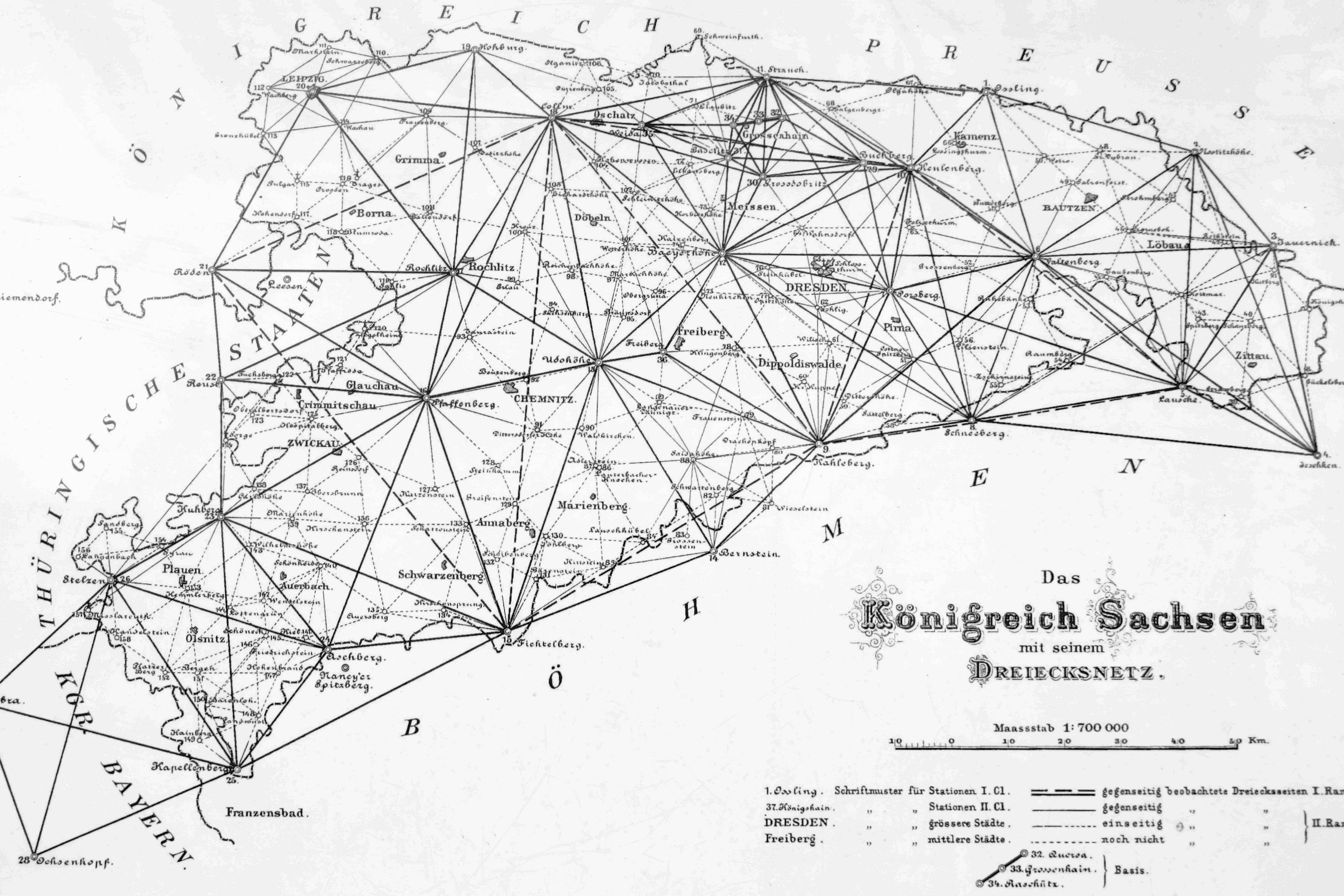 Sächsisches Triangulationsnetz von 1890 mit allen 158 Stationen